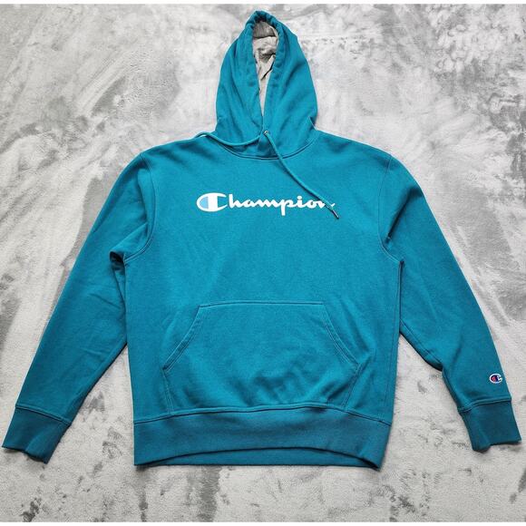 Champion Tops - Champion Sweatshirt Mens M Teal Blue Pullover Drawstring Hoodie Graphic Logo